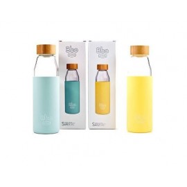 botella bbo18 irisana borosilicato con silicona azul y tapon de bambu 500ml